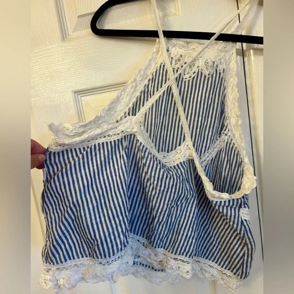 Free People Lace Blue White Stripe Halter Top 100% Cotton Size Medium - Picture 5 of 7